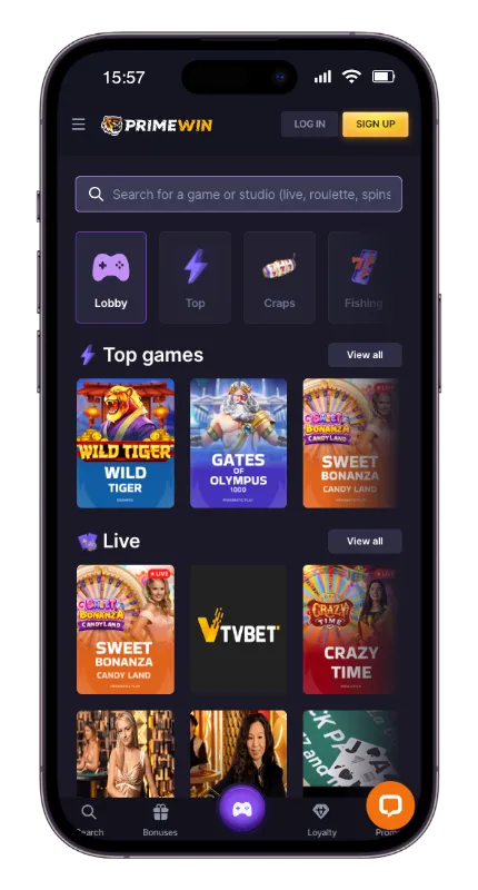 PrimeWin casino på mobil